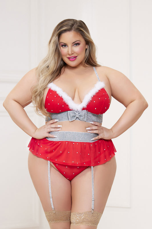 3 Pc Rhinestone Stud Bra With Marabou Trim and  Garter Belt With Mesh Thong - Queen - Red STM-11478XPRDQ 3 Pc Rhinestone Stud Bra With Marabou Trim and  Garter Belt With Mesh Thong - Queen - Red STM-11478XPRDQ