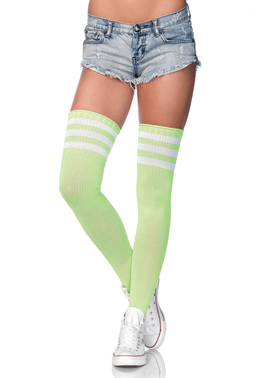 3 Stripes Athletic Ribbed Thigh Highs - One Size - Neon Green LA-6605NGRN 3 Stripes Athletic Ribbed Thigh Highs - One Size - Neon Green LA-6605NGRN