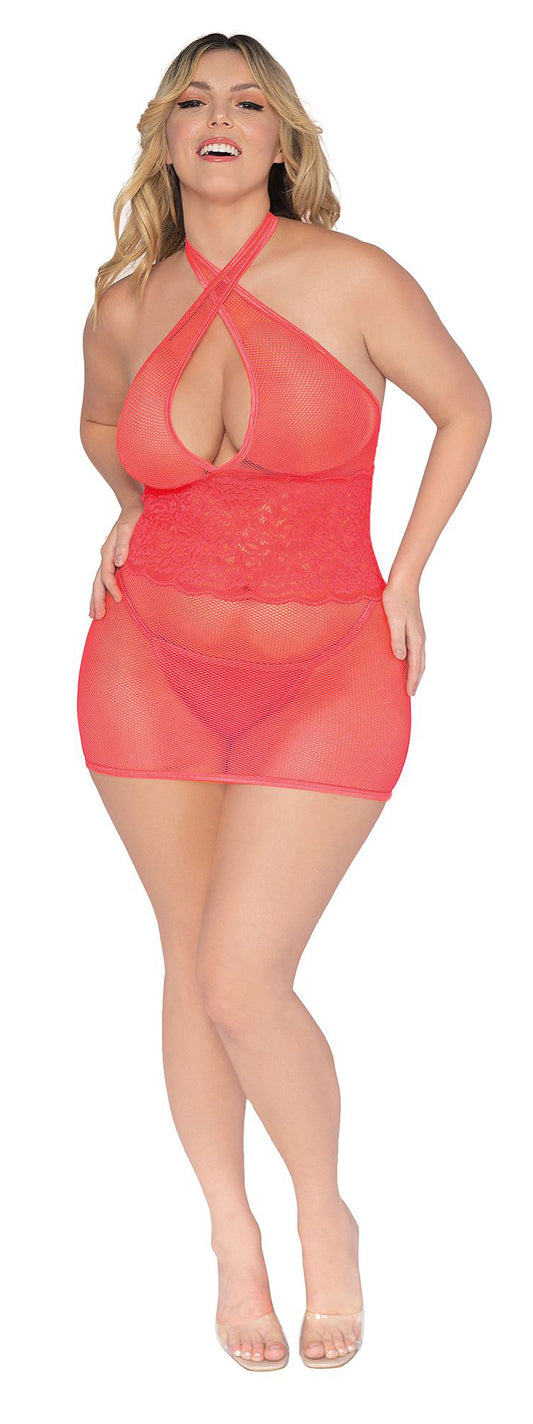 Stretch Fishnet and Scalloped Stretch Lace Chemise - Queen - Coral DG-12606XCORQ Stretch Fishnet and Scalloped Stretch Lace Chemise - Queen - Coral DG-12606XCORQ