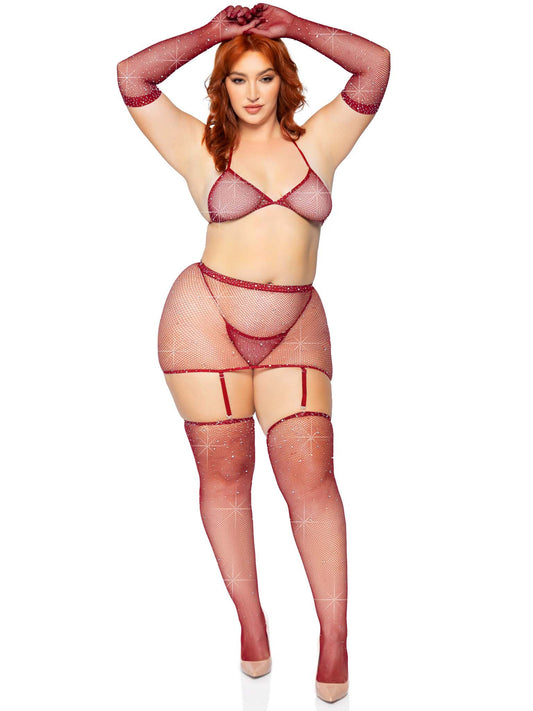5 Pc Rhinestone Bikini Top G-String Garter Skirt,  Gloves and Stockings - Queen Size - Burgundy LA-81617XBUR 5 Pc Rhinestone Bikini Top G-String Garter Skirt,  Gloves and Stockings - Queen Size - Burgundy LA-81617XBUR