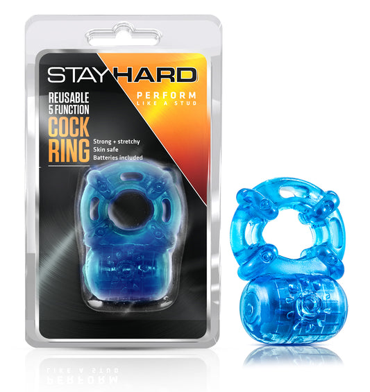 Stay Hard Reusable 5 Function Vibrating Cock Ring - Blue BL-30802 Stay Hard Reusable 5 Function Vibrating Cock Ring - Blue BL-30802