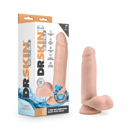 Dr. Skin Glide - 7 Inch Self Lubricating Dildo  With Balls - Vanilla BL-36414 Dr. Skin Glide - 7 Inch Self Lubricating Dildo  With Balls - Vanilla BL-36414