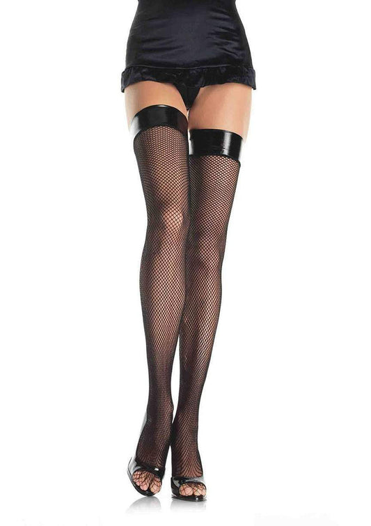 Vinyl Top Fishnet Thigh Highs - One Size - Black LA-8291BLK Vinyl Top Fishnet Thigh Highs - One Size - Black LA-8291BLK