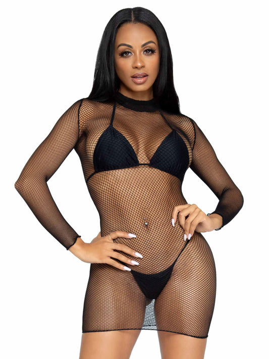 Ultra Net Long Sleeve High Neck Mini Dress - One   Size - Black LA-86799BLKOS Ultra Net Long Sleeve High Neck Mini Dress - One   Size - Black LA-86799BLKOS