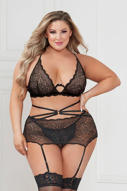 Three Piece Floral Lace Bra, Skirt, and G-String  Set - Queen - Black STM-11424XPBKQ Three Piece Floral Lace Bra, Skirt, and G-String  Set - Queen - Black STM-11424XPBKQ