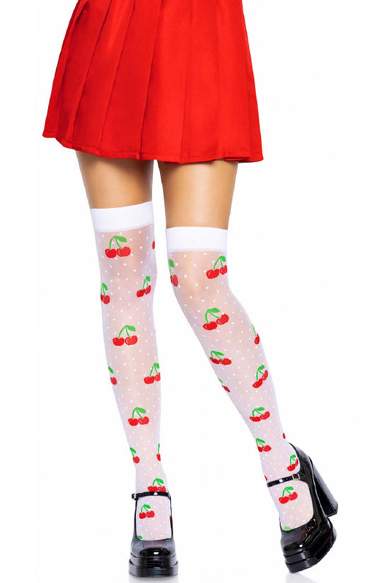 Sheer Polka Dot Cherry Thigh Highs - One Size - White/red LA-6638WHRDOS