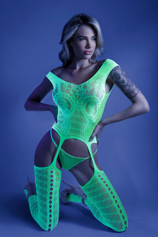 Supersonic Mosaic Bodystocking - One Size- Neon  Green FL-GL2110-OS-B