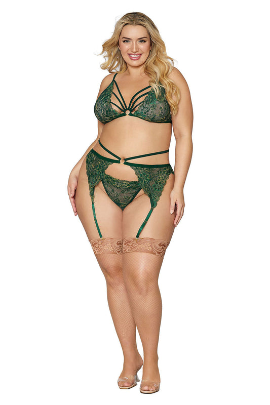 Bralette With Garter Belt and G-String - Queen Size - Evergreen DG-12707GRNQ